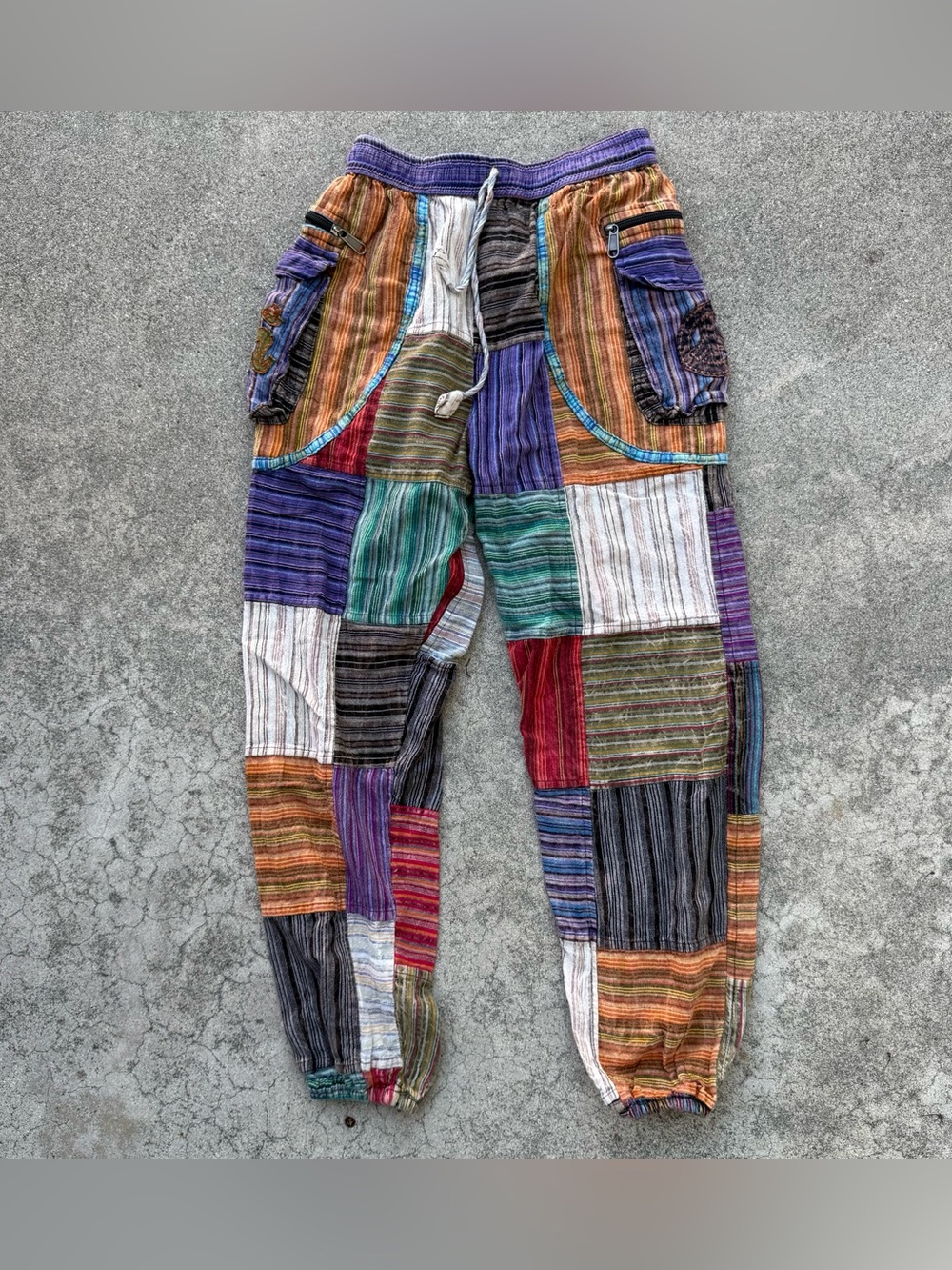 Boho Hippie Patchwork Pants Rising International Cargo Size S zipper pockets